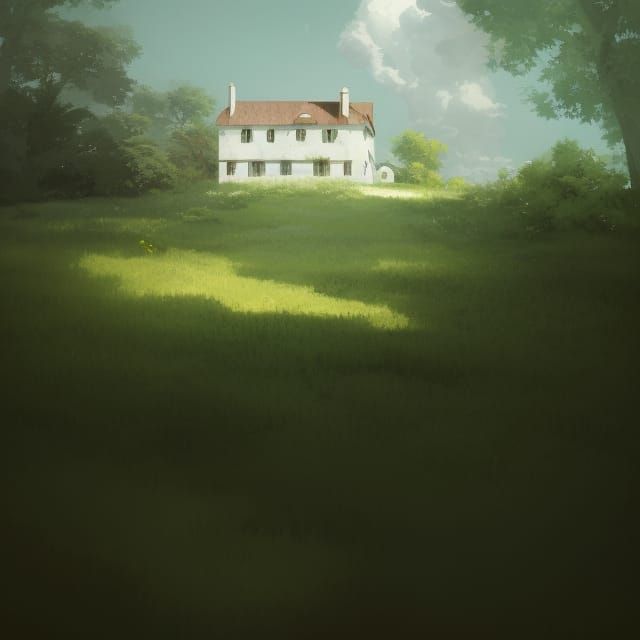 Dreamy White Farmhouse on Green Island, Ghibli Style