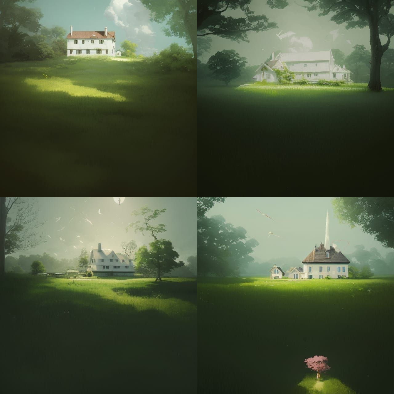 Dreamy White Farmhouse on Island, Anime-Inspired Art