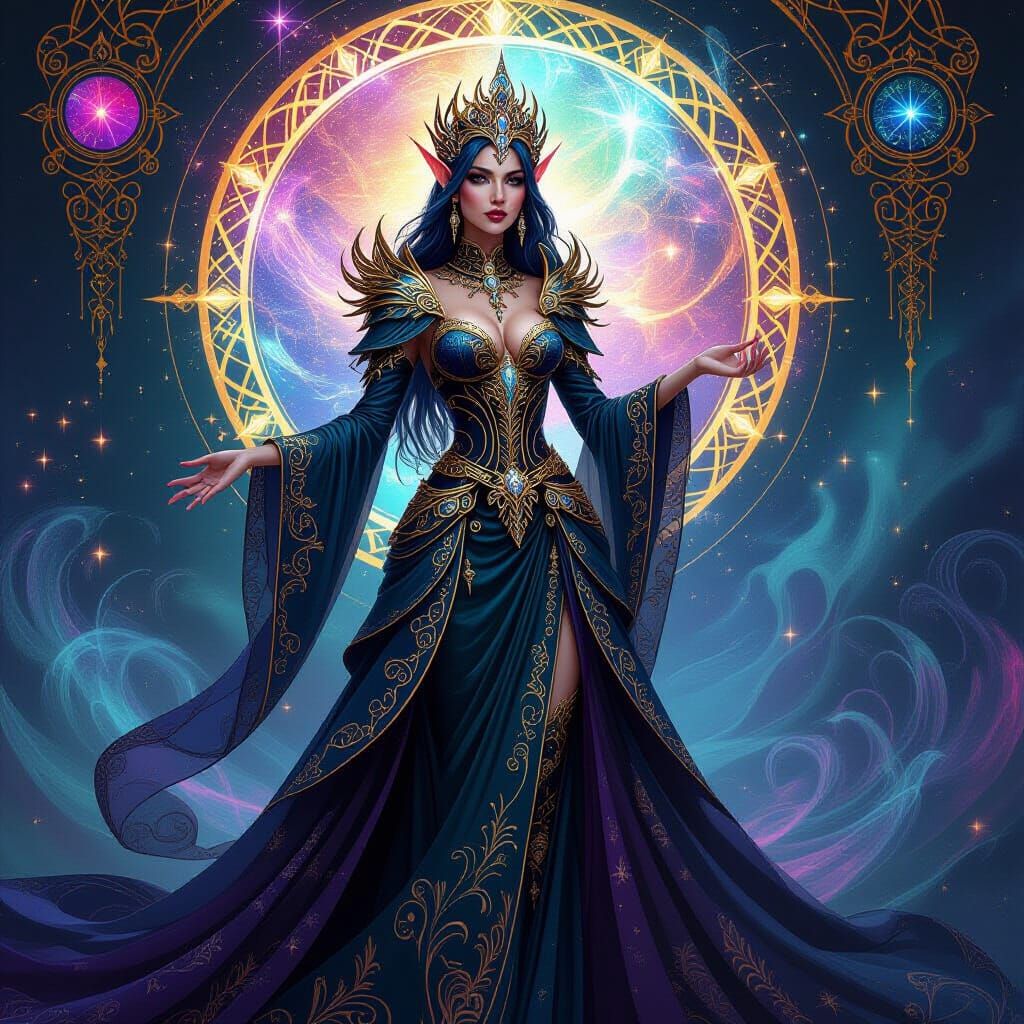 Dark Elven Queen in Steampunk Gown, Holographic Illustration
