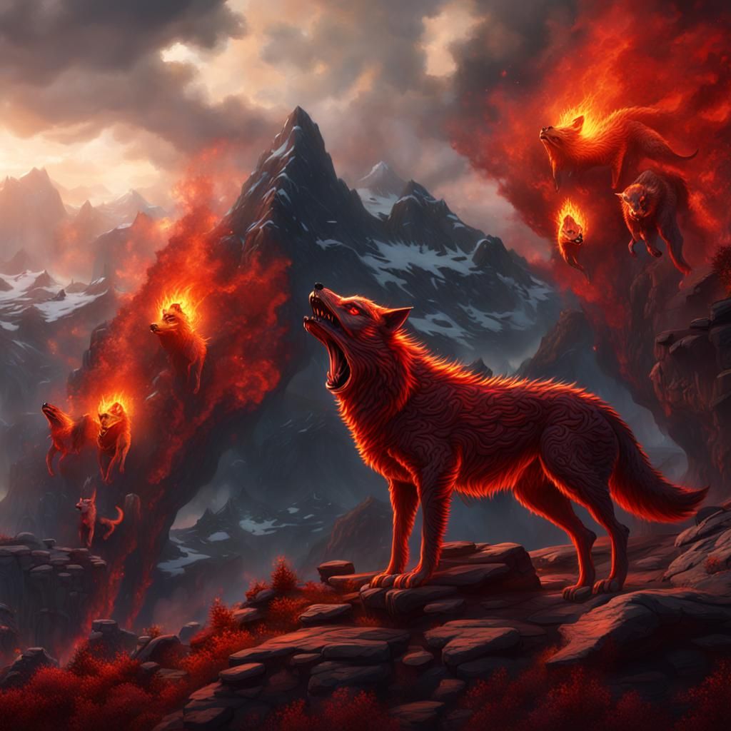 Three-Headed Fire Wolf on Mountain in Detailed Digital Paint...