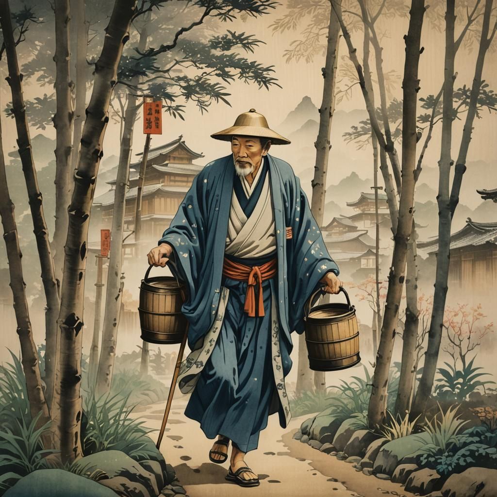 Ukiyo-e: Japanese Men in Misty Village