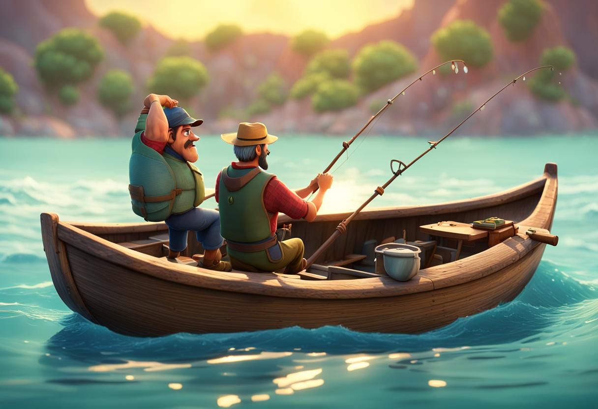 Fisherman on Boat in Sunny Day: 3D Digital Art