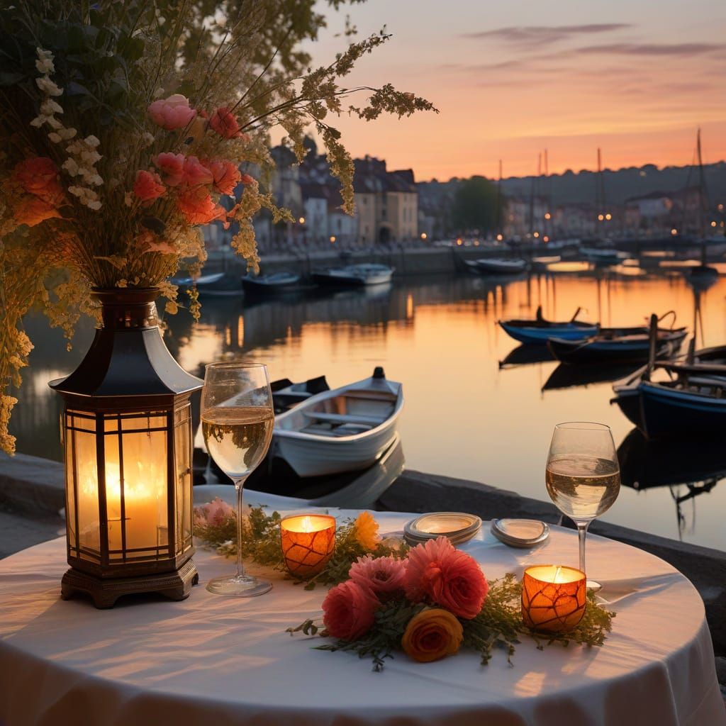 Whimsical Watercolor Scene of Flowers and Sunset