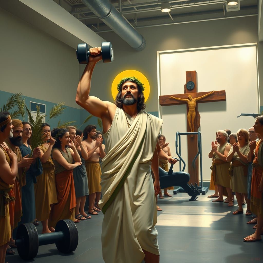 Jesus Christ in Modern Gym, Surrounded by Bible-Era Crowd, I...