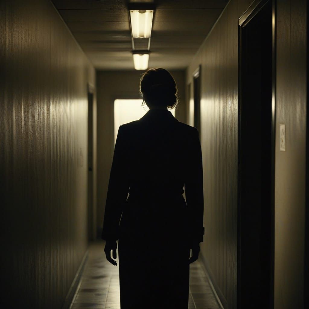 Determined Figure in Dimly Lit Corridor