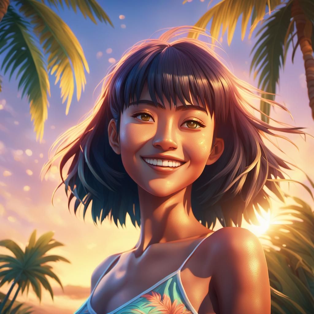 Tropical Anime Woman on Island, Cinematic 3D Style