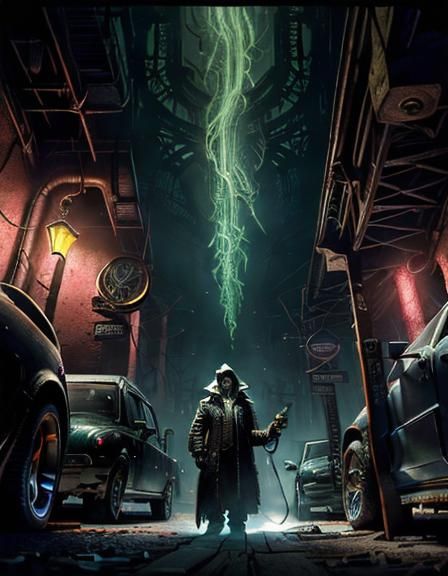 Cthulhu Car Mechanic in Lovecraftian Garage