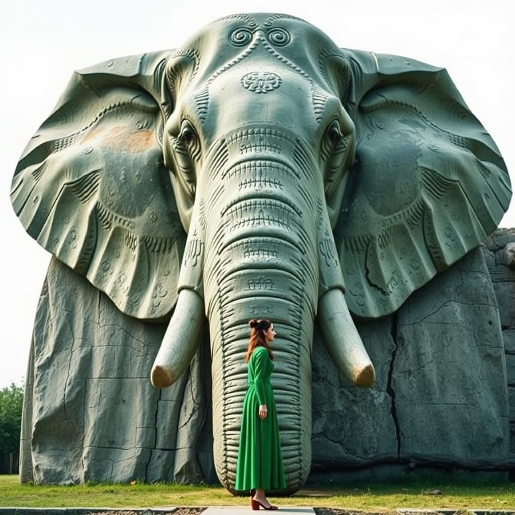 Woman with Green Scales and Elephant Sculpture