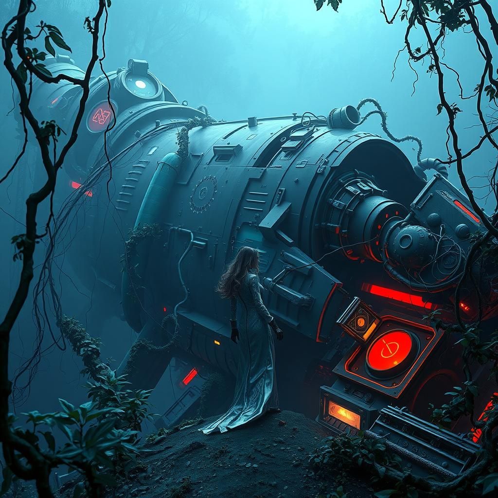 Woman in Bioluminescent Forest Spaceship Ruins