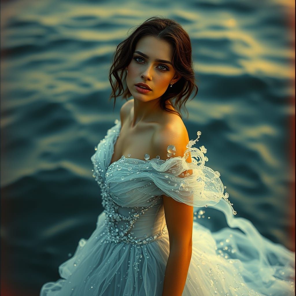 Ethereal Ocean Goddess in Water Droplet Gown