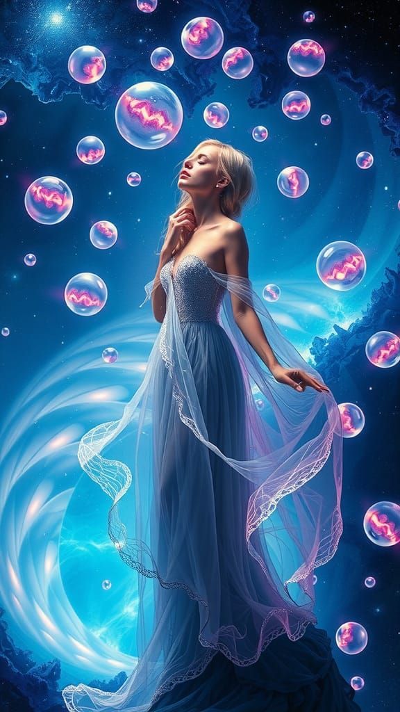 Ethereal Woman in Fractal Landscape with Luminous Orbs