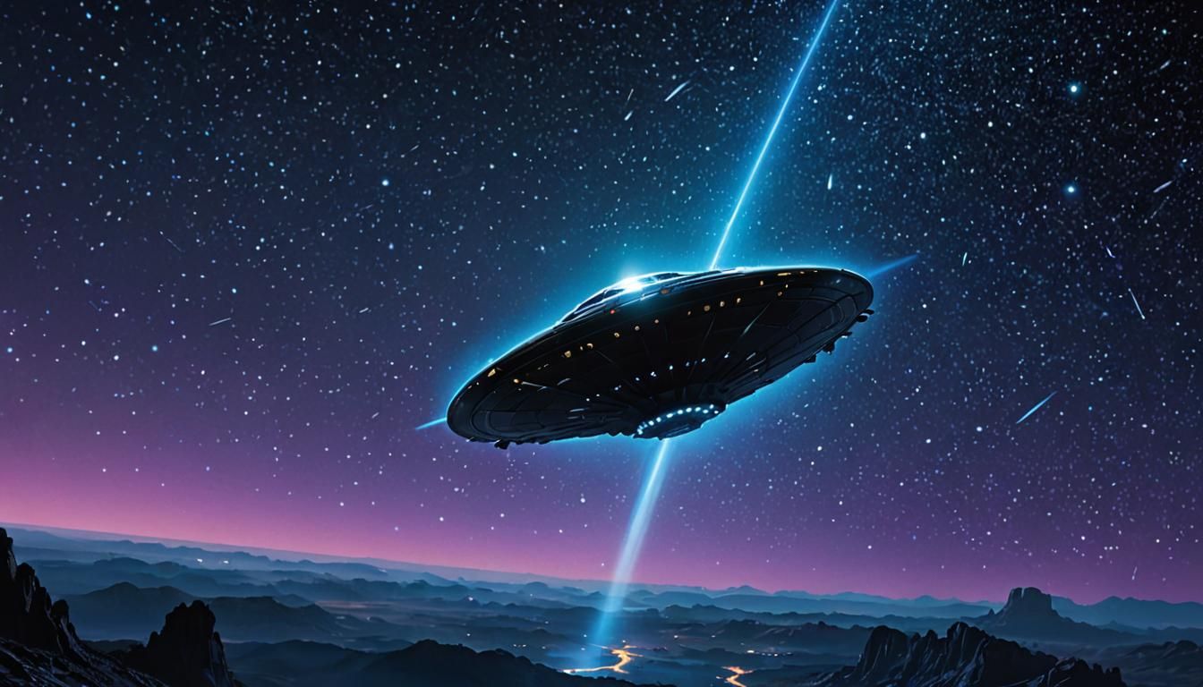 Ethereal UFO Soars Through Cosmic Night Sky in Cyberpunk Sty...