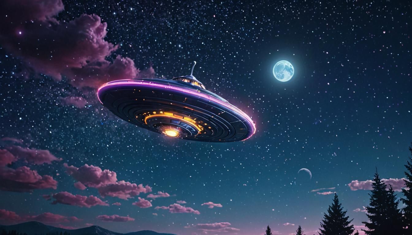 Cinematic Flying Saucer Soars Through a Starry Night Sky