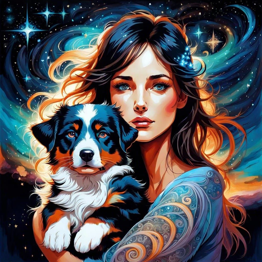 Girl and Puppy Embrace Under Meteor Shower