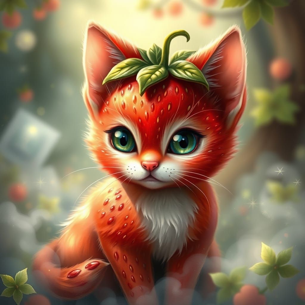 An adorable strawberry cat with leafy ears and vibrant spots...