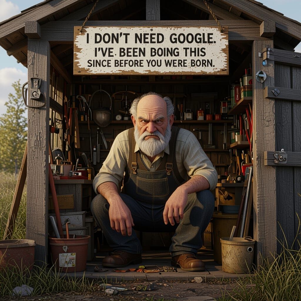 Grumpy Old Man in Shed with Funny Slogan