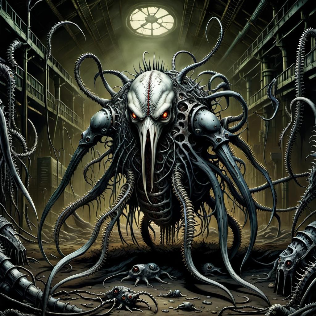 Nightmarish Biomechanical Horror in Derelict Factory