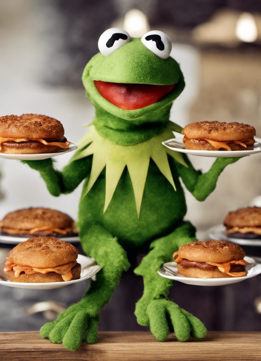 Hyperrealistic Kermit Juggling Bratwursts