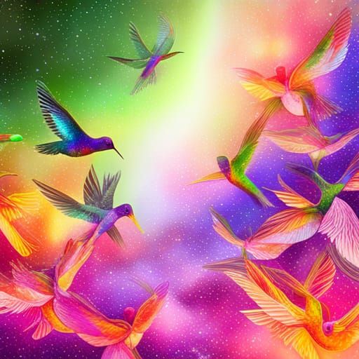 Hummingbirds at Feeders: Astral Cosmic Illustration