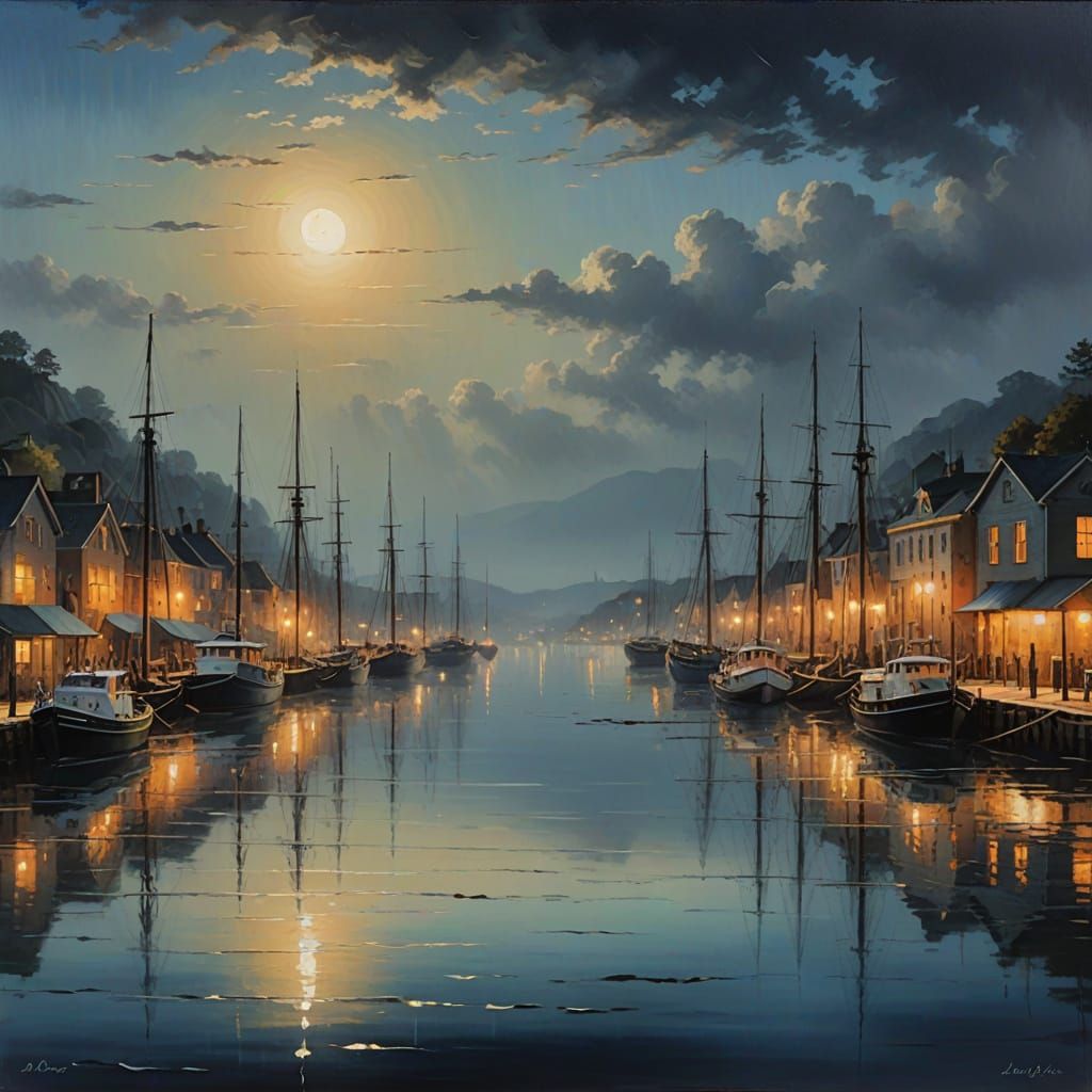 Moonlit Harbor Landscape in Oil Painting Style