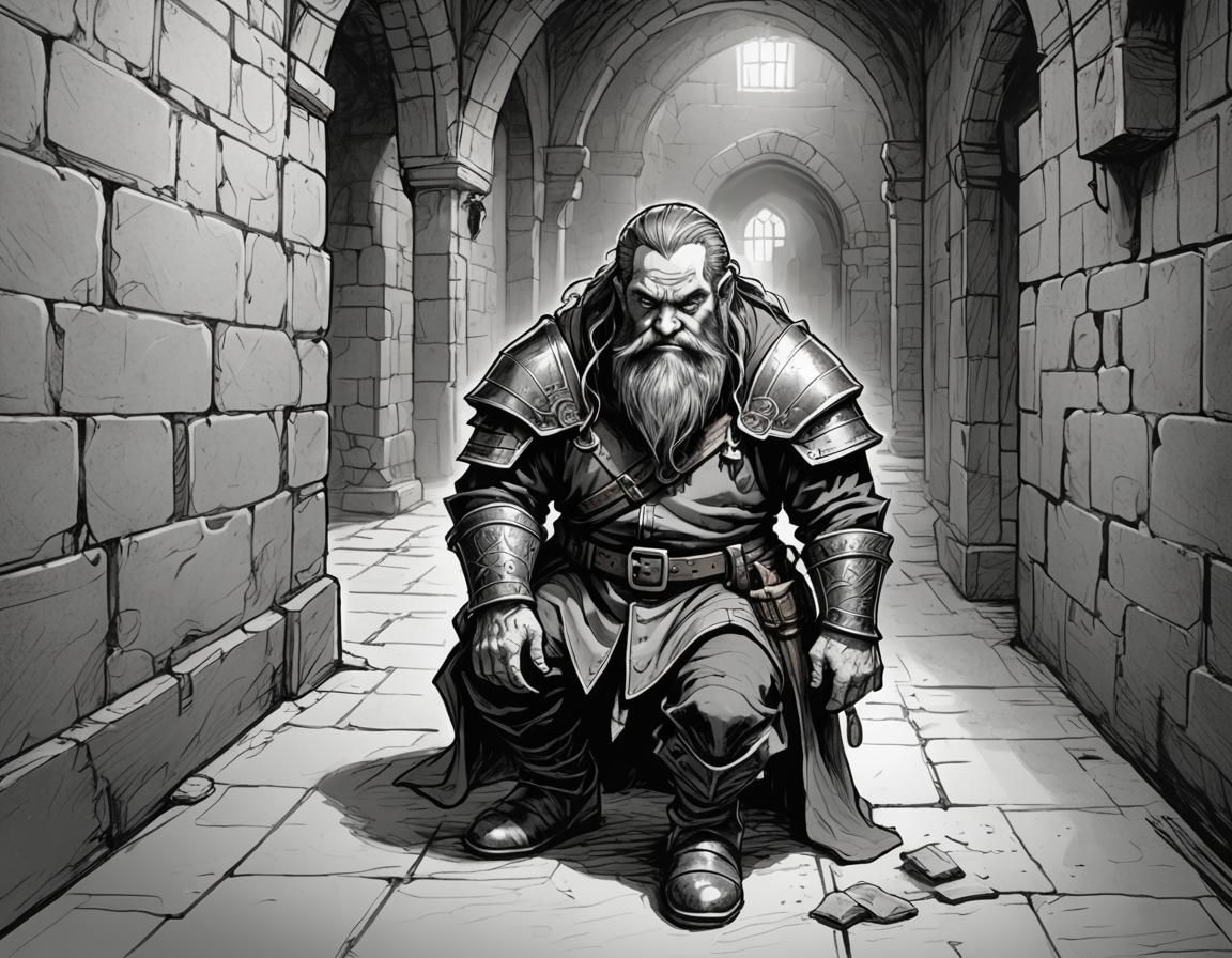 Dwarf in Dungeon Hallway, Comic Book Sketch