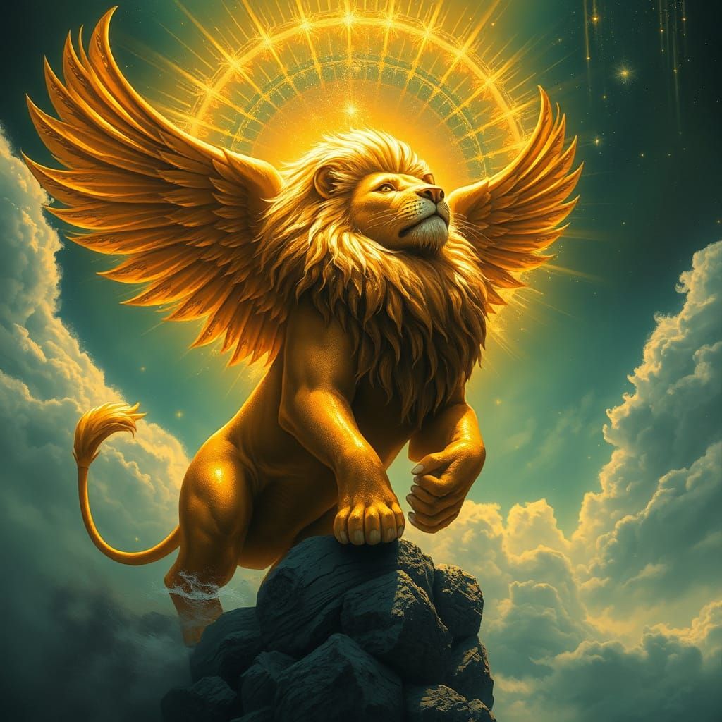 Winged Lion Ascending in Ethereal Flight
