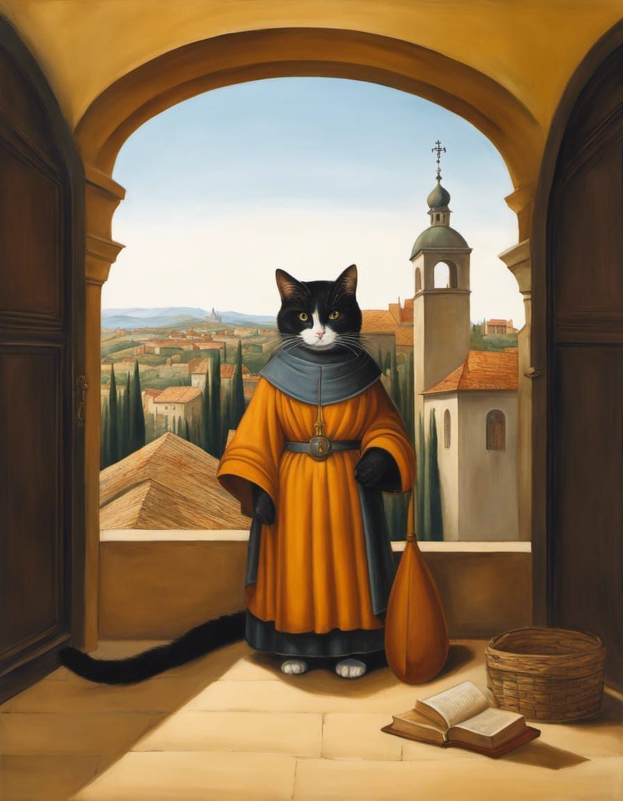 Medieval monk cat, Italian landscape