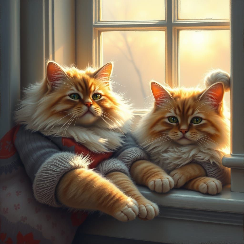 Fluffy Cats in Dawn Light, Cozy Sweaters, Oil Painting Style