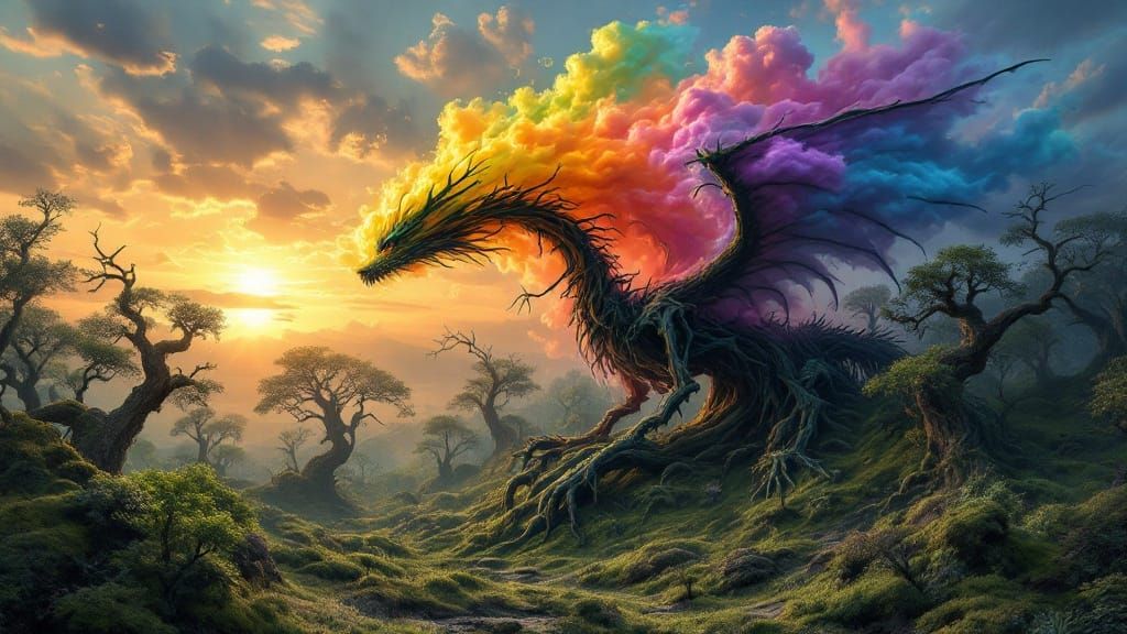 Mystical Forest Dragon Exhaling Rainbow Clouds