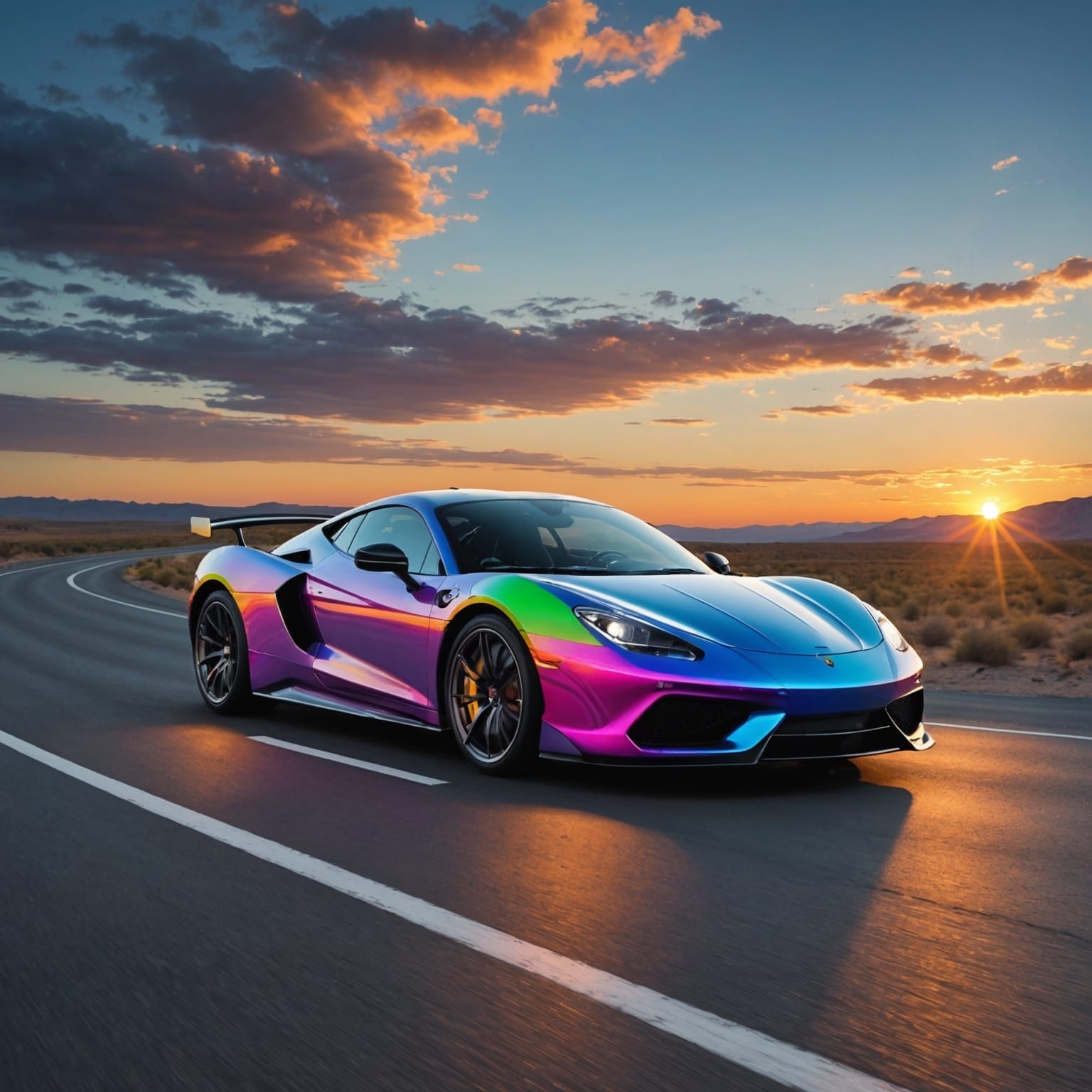 Hyperrealistic Sports Car on Desert Highway