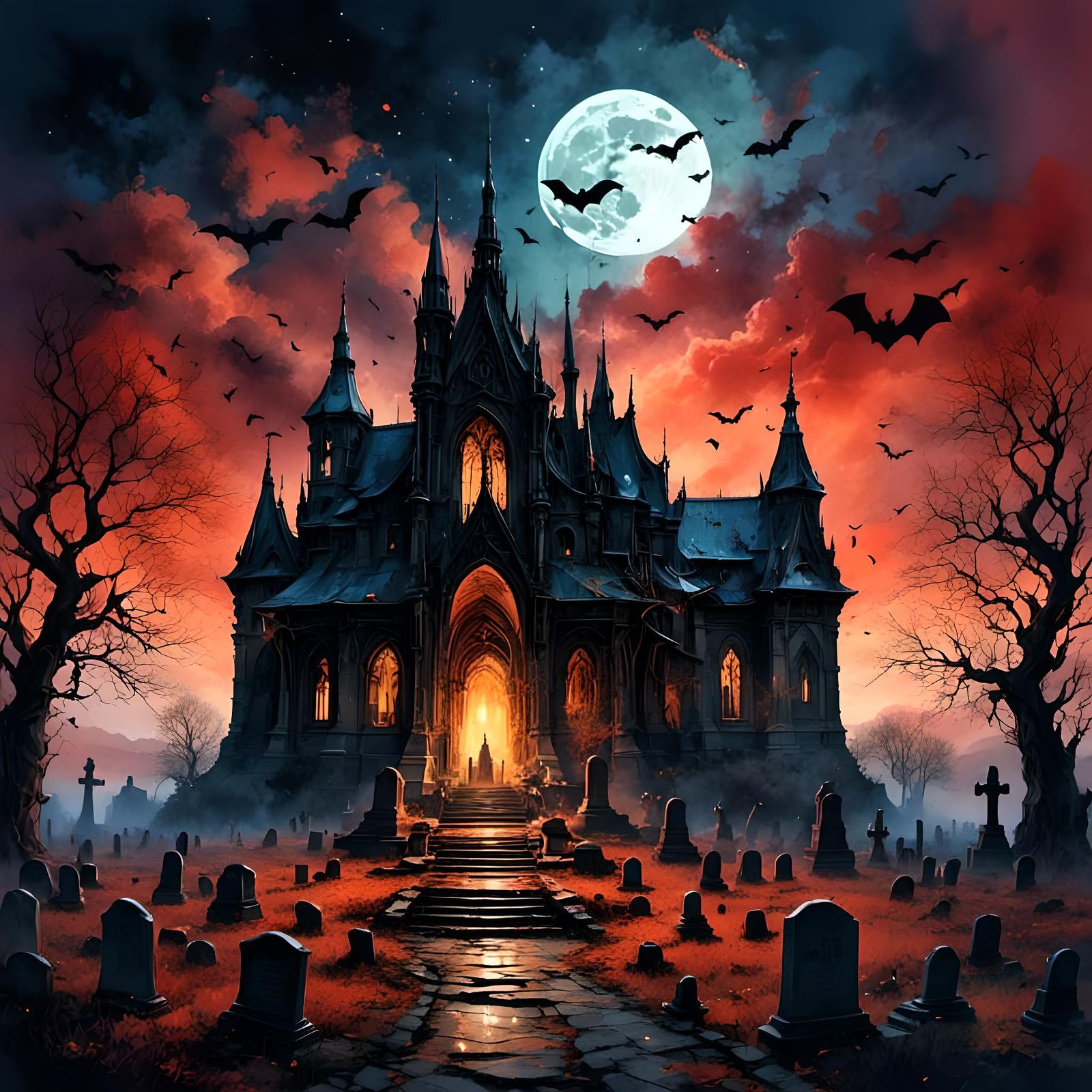 Eerie Cemetery at Lunar Eclipse in Water-Ink Style