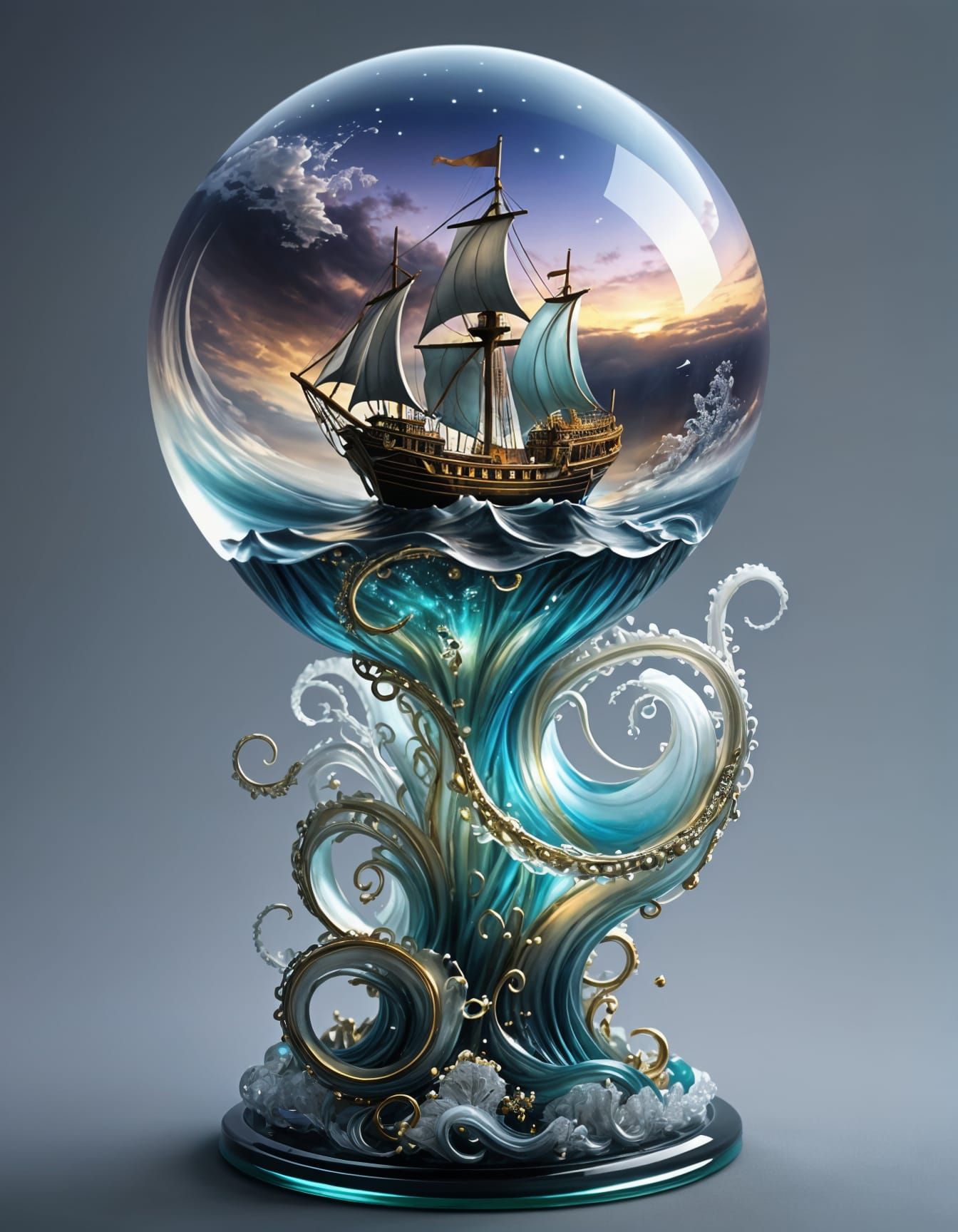 Iridescent Glass Orb with Kraken, Watercolor Art