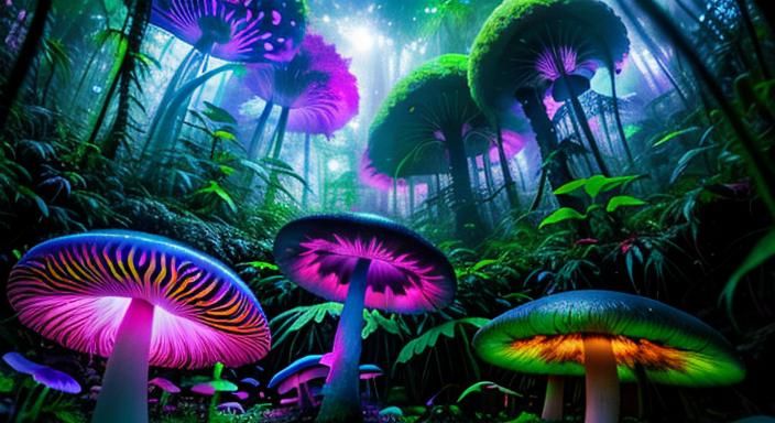 Neon Mushrooms in Violet Rainforest, Anime Photography