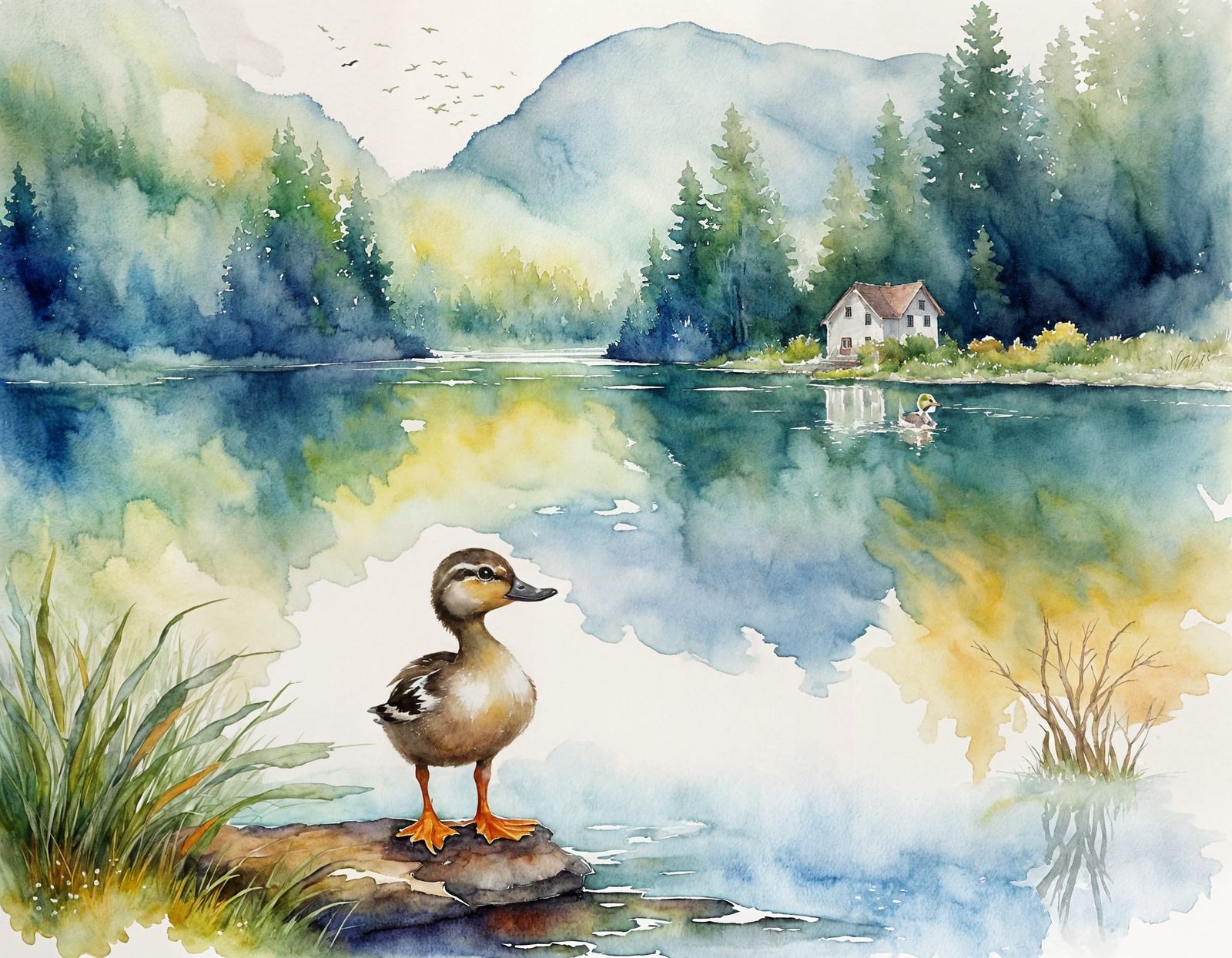 Whimsical Watercolor Duck on Enchanted Lake