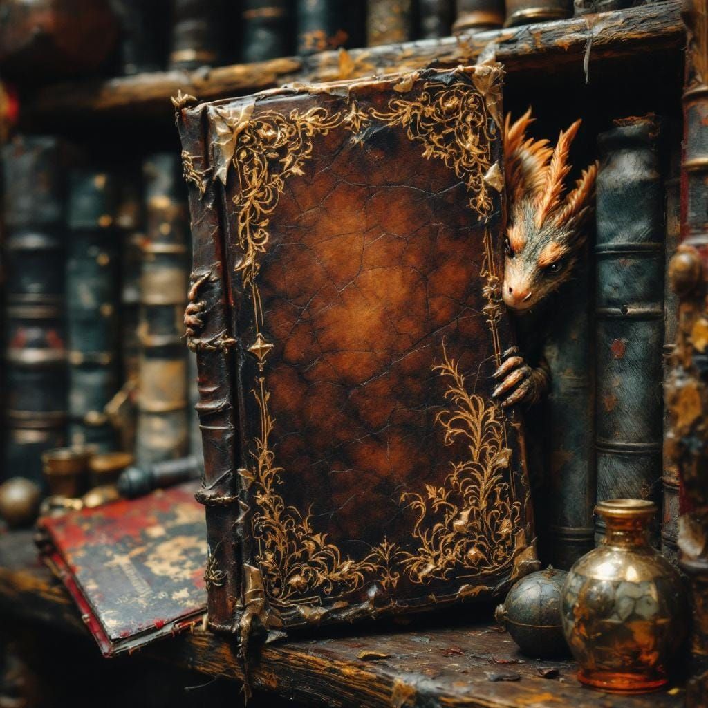 Dragon Peeking from Ancient Tome, Mystical Realism Style