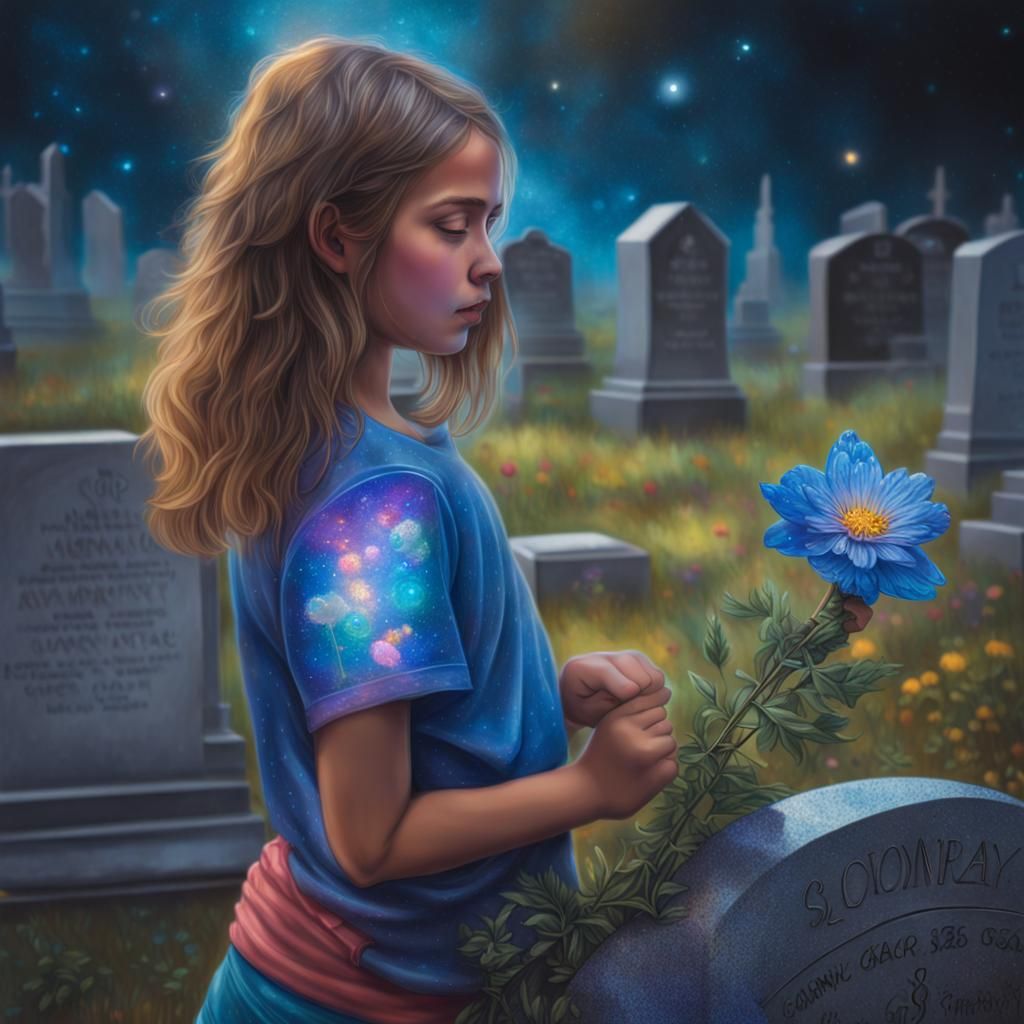 Girl wearing blue shorts at her brother's grave holding flower 8k resolution holographic astral cosmic illustration mixe...
