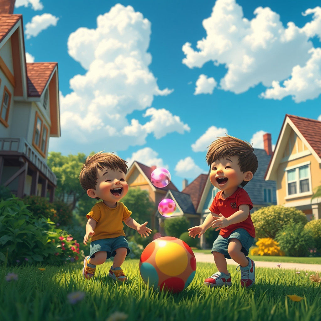Children Playing with Ball in Dreamlike Suburban Landscape