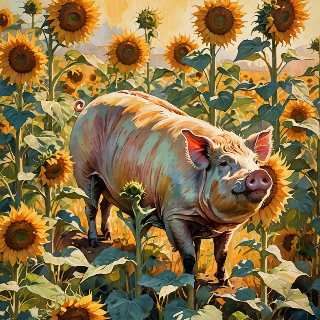 Pig Sniffs Sunflower in Watercolor Style