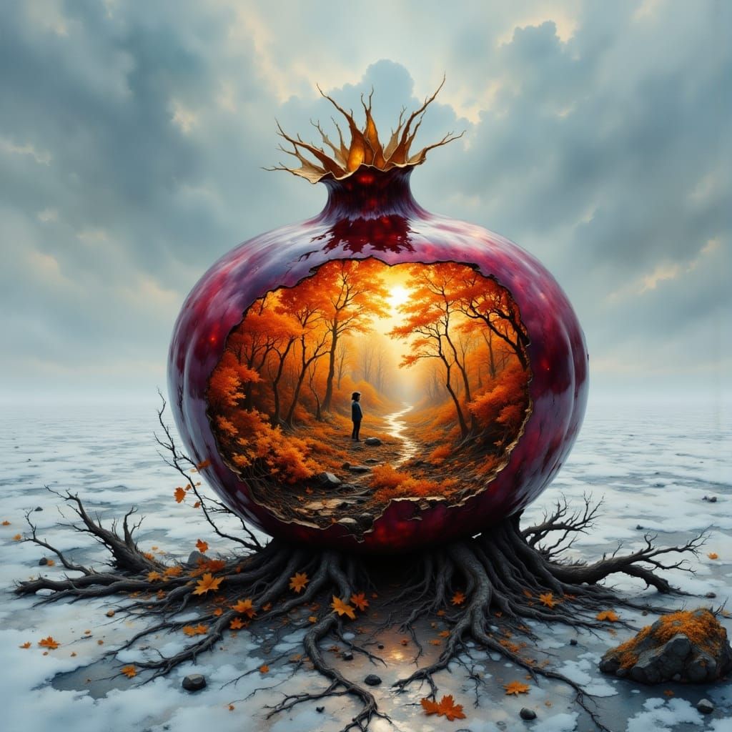 Colossal Ruby Pomegranate Reveals Autumn Forest