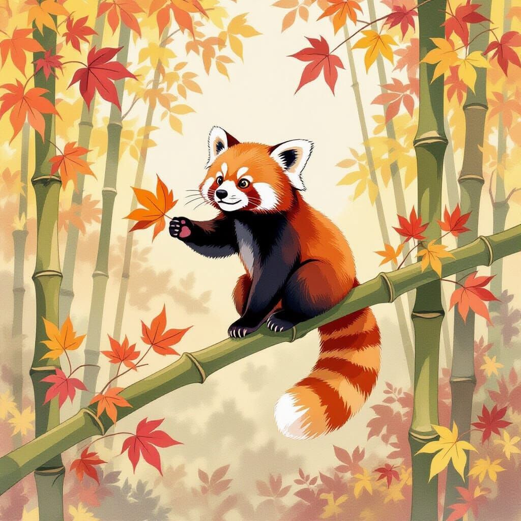 Red Panda Reaching for Autumn Leaf on Bamboo Branch