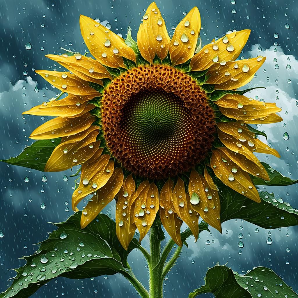 Digital Art Sunflower on a Rainy Day