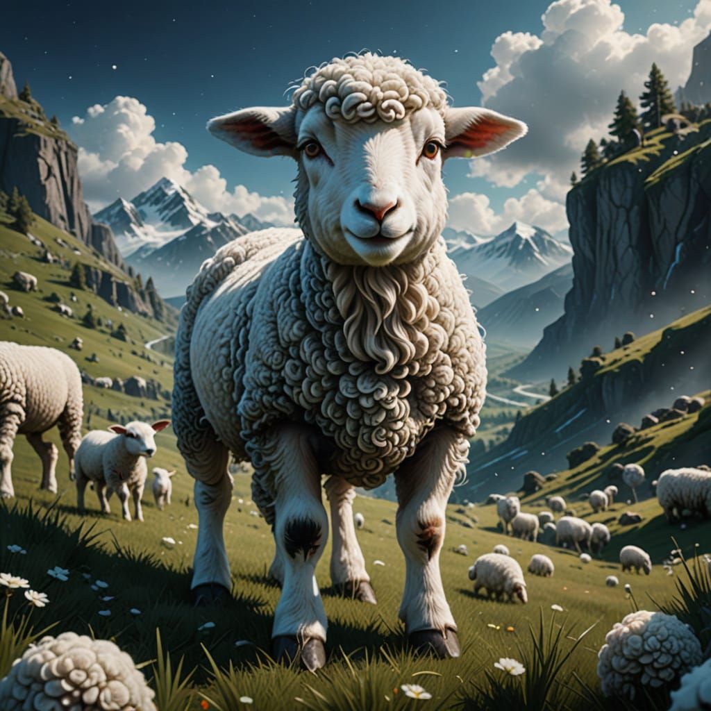 Surreal Landscape with a Fantastical Lamb in a Snowy Meadow