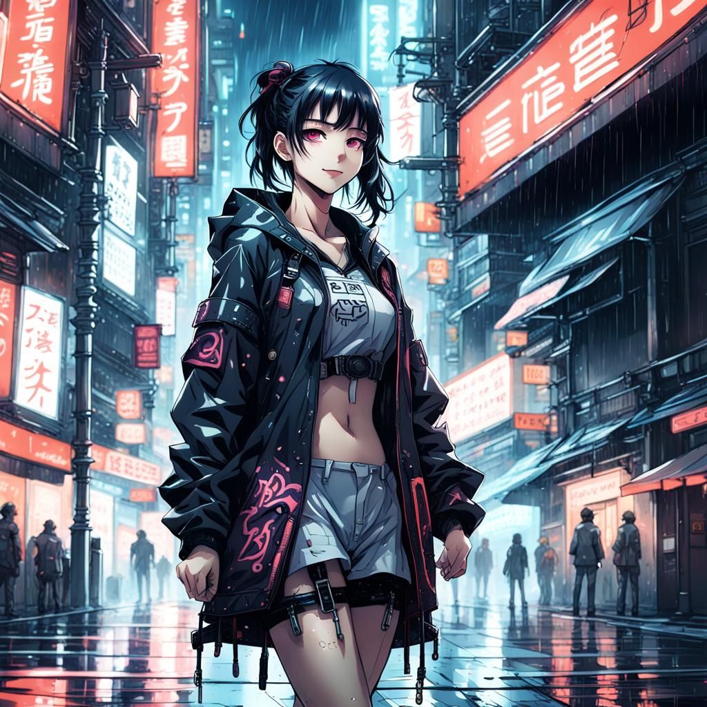 Cyberpunk Woman in Rainy City, Anime Key Visual