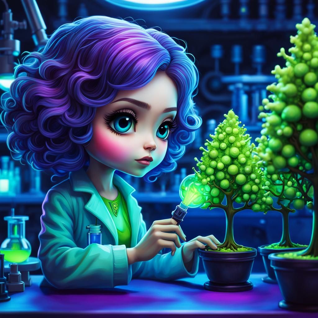 Chibi Scientist in High-Tech Lab, Digital Painting