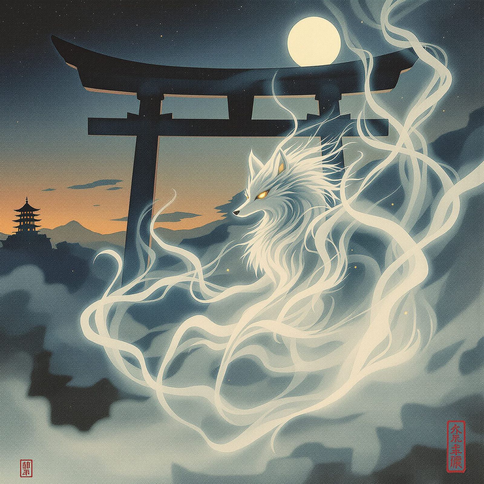 Mystical Nine-Tailed Fox Spirit Among Torii Gates at Twiligh...
