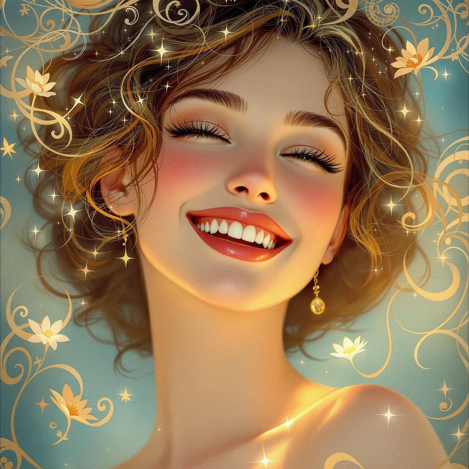 Youthful Woman in Whimsical Art Nouveau Style