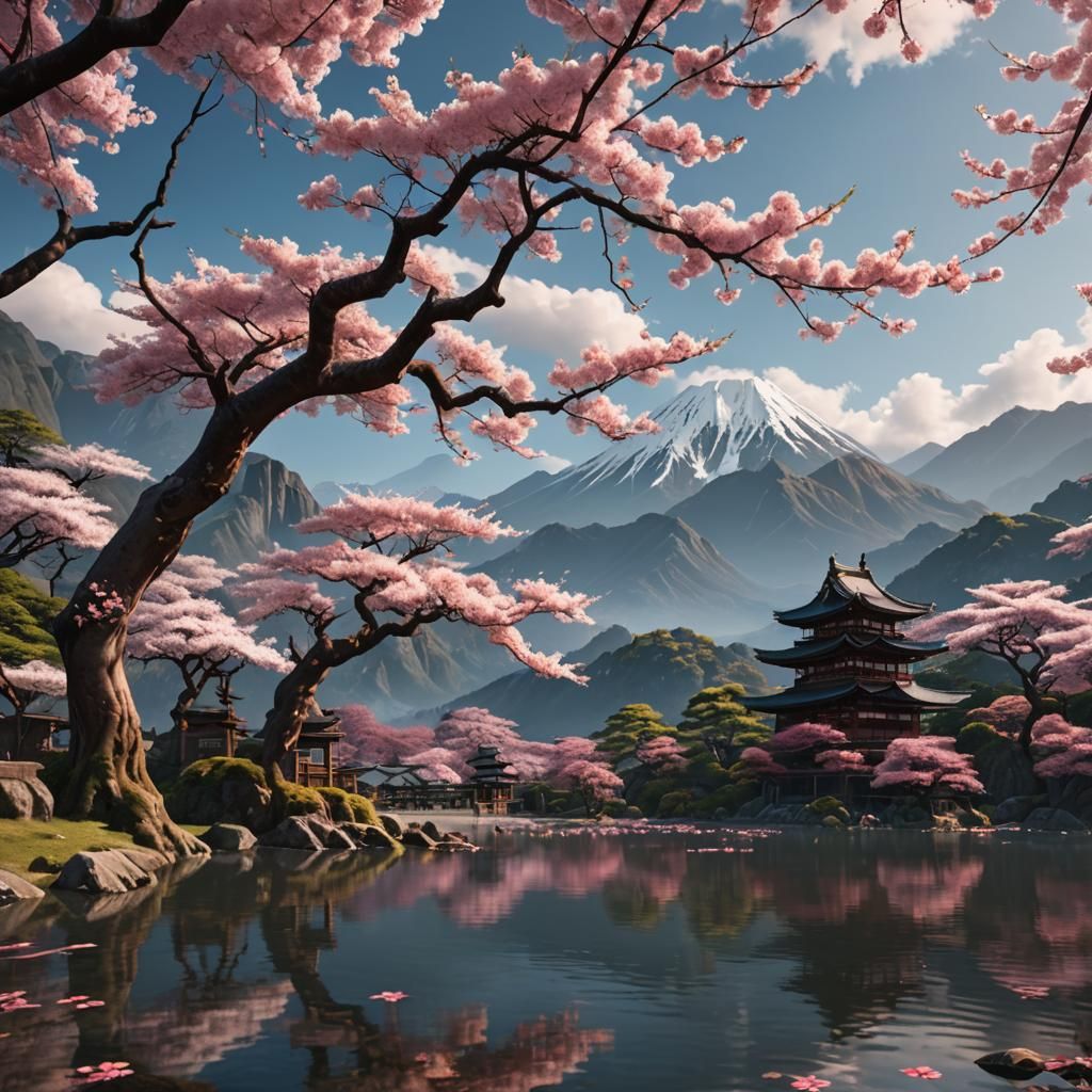 Ancient Sakura Tree with Japanese Temple, Detailed Matte Pai...