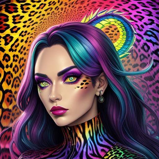 Woman with Rainbow Dragon Scales in Synthwave Style