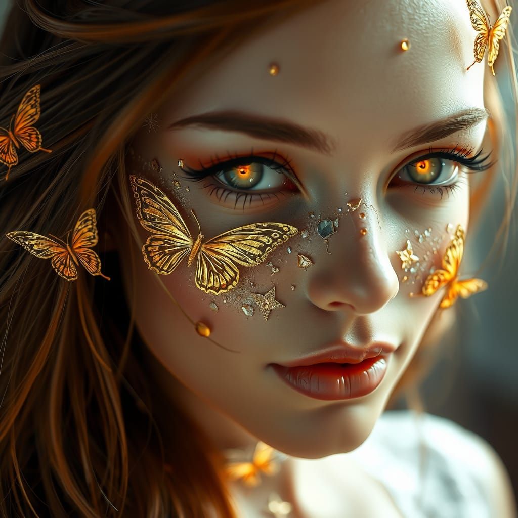 Elegant Cyborg with Gold Filigree, Digital Portrait