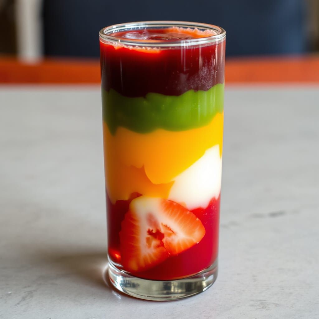 Colorful Layered Fruit Juice in Glass Cup on Table